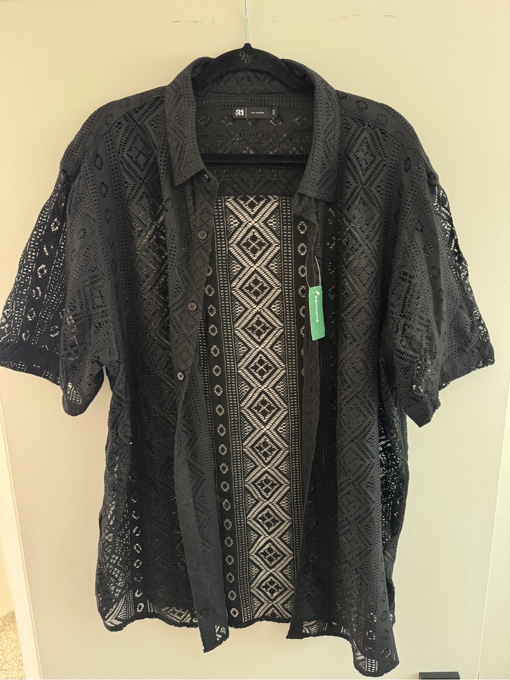 Men's Black Crochet Short-Sleeve Button-Down Shirt